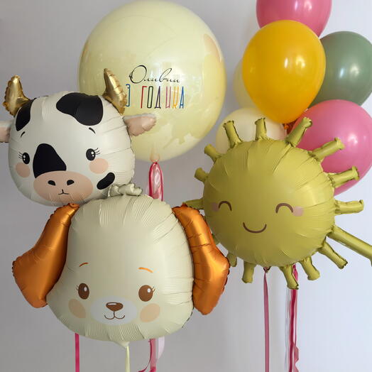 Шары на день рождения ребенку 🎈 Большой шар с вашей надписью, 3 фигурки и фонтан из 7 шаров | Мальчику и девочке