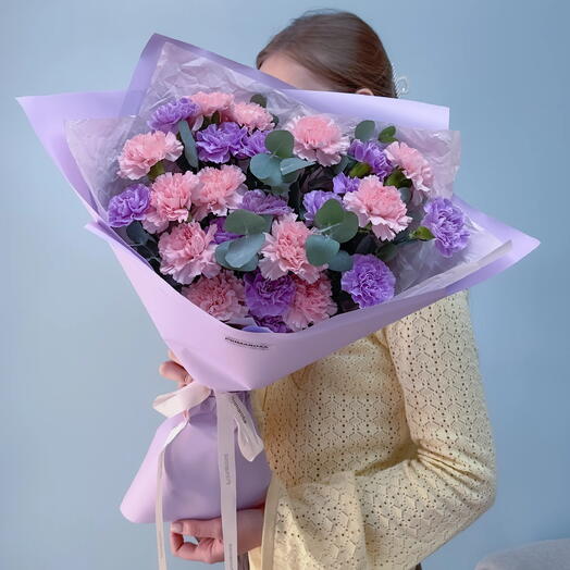 Букет из 25 диантусов микс с эвкалиптом «Лавандовый рай» 💜🌸 39922