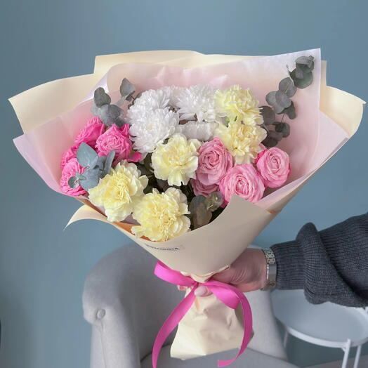 Букет «Летний микс» с розой, хризантемой Алтай и гвоздикой💐 40408