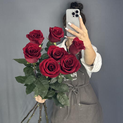 Монобукет🌹 Метровая Красная Роза 7 шт