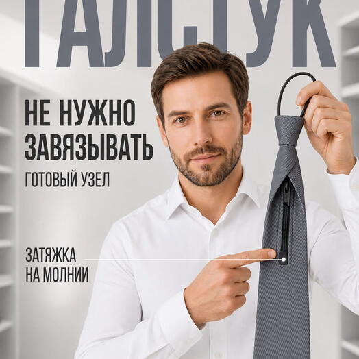 Галстук мужской серый широкий на затяжке с готовым узлом для делового костюма