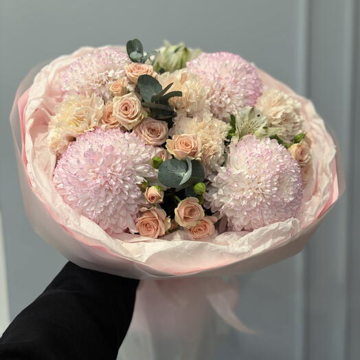 Зефирный букет с большими хризантемами и кустовыми розами 🌸🩷🫶
