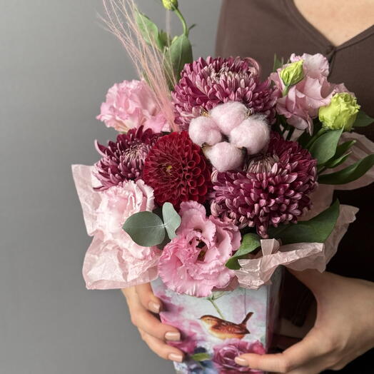 Букет с хризантемой бигуди георгиной и эустомой Райский сад 🌸