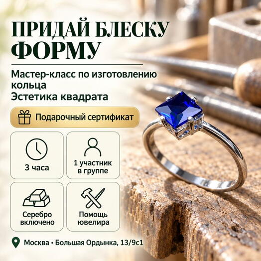 Подарочный сертификат «Мастер-класс по изготовлению кольца Эстетика квадрата» (3 часа, 1 человек)