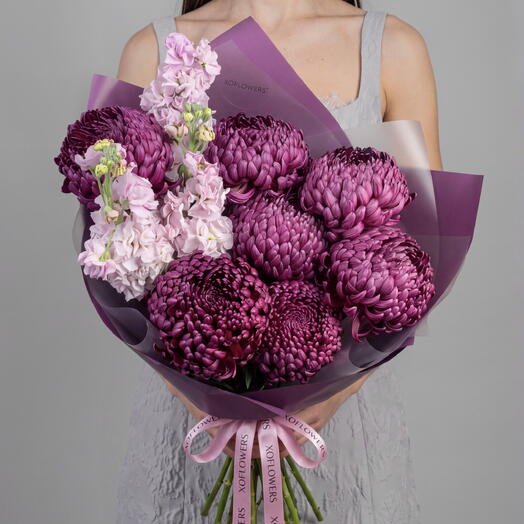 Букет с маттиолой (4 шт.) и хризантемами «Бигуди» (7 шт.) от XOFLOWERS