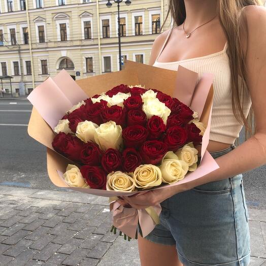 Bouquet of 51 red and white roses