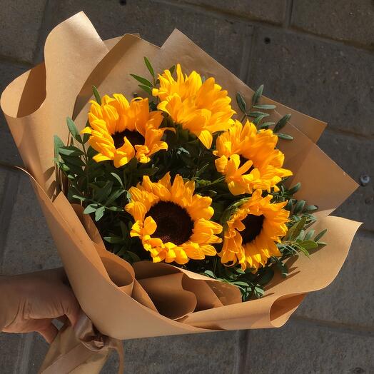 🌹🌹Солнечный букет из 5 подсолнухов