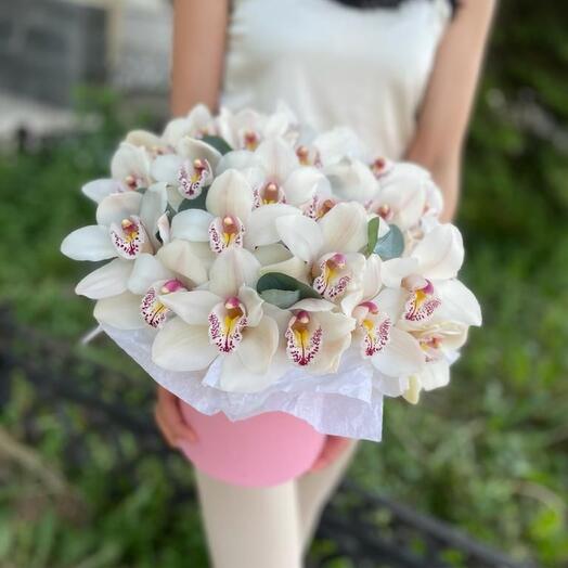 🌸25 цветков орхидеи в шляпной коробке