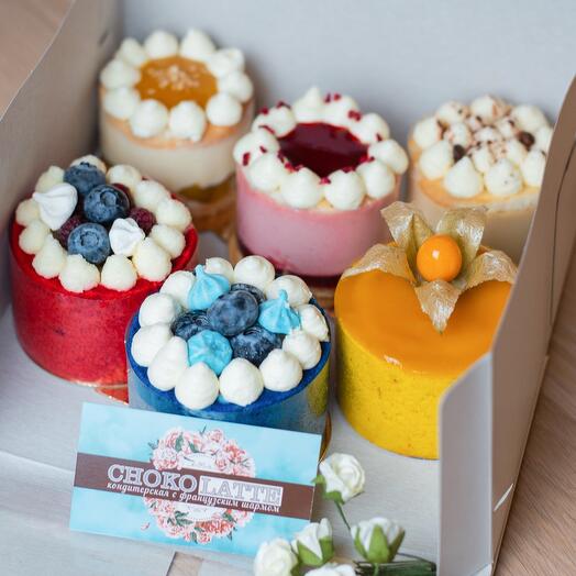Set of 6 cakes (coconut, coffee and strawberry tiramisu, mango passion fruit cheesecake, blueberry and berry)