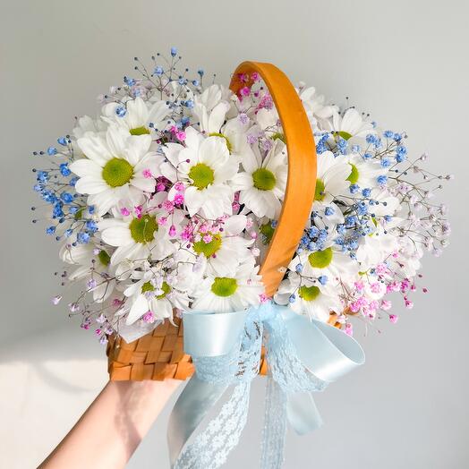 Корзина с ромашками и гипсофилой