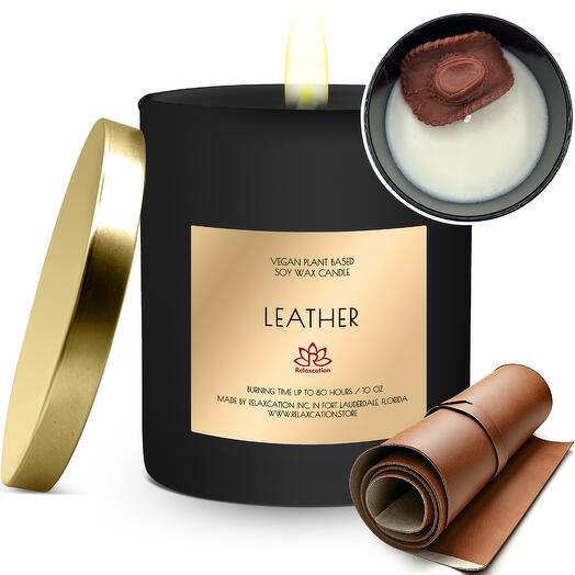 Hand-Poured Soy Wax Candle Fragrance Rich and Warm "Leather" Scent in 10 oz Glass Jar
