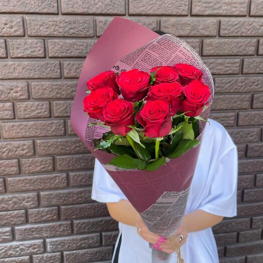9 красных роз 60 см 🌹