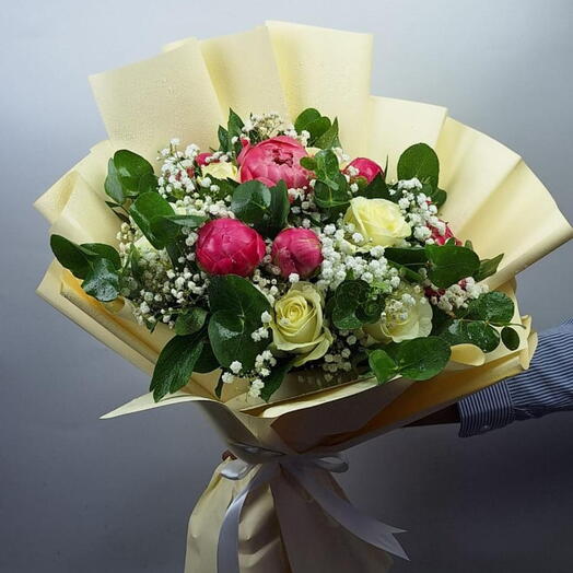 Fresh Luxury Bloom Bouquet - Peonies, White Roses, Gypsophila   Green Leaves