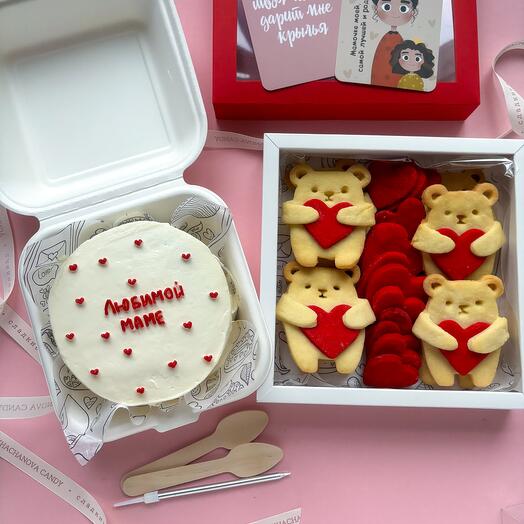 Sweet gift on March 8 to "Beloved mother" a combo set of teddy bear cookies and a bento cake for mom, grandma, wife, mother-in-law, mother-in-law