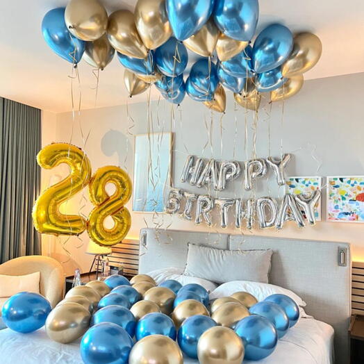 Habitación sorpresa. Conjunto de Globos de helio feliz cumpleaños números, estiramiento 69 piezas. Set of helium balloons HAPPY BIRTHDAY 69 pcs