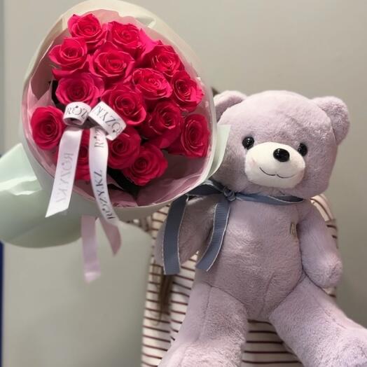 Комбо розы и медведь