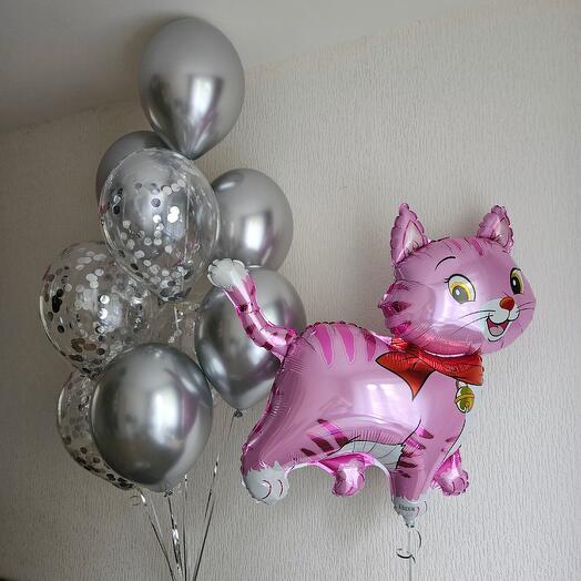 Воздушные шары серебряные хромированные и фигура кошечка, кошка,котенок розовый для дочки,девочки,девушки,малышки-11шаров