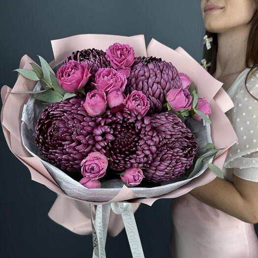 Букет цветов. "Чуткий, как мамина душа", Бигуди, Пионовидная Роза