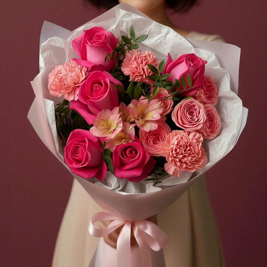 Сборный Букет "Ни шагу назад" с розами и альстромерией