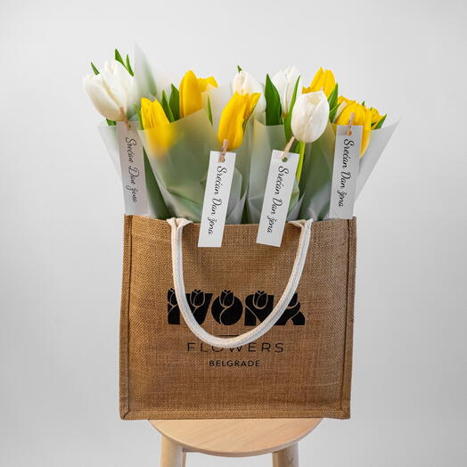 Mixed tulips in a basket