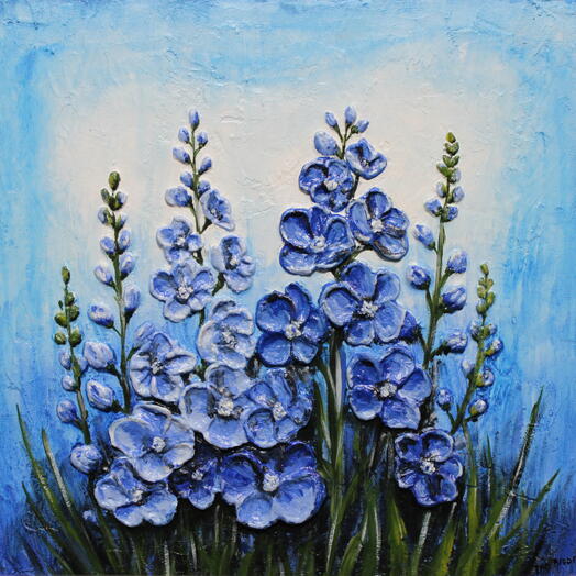 Дельфиниумы — фактурная картина маслом с синими цветами/Delphinium Oil Painting – Textured Blue Floral Wall Art