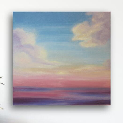 Морской пейзаж маслом — нежный закат над океаном в пастельных тонах