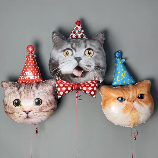 Воздушные шары «3 котенка в колпачках» на праздник, с гелием, 3
шт