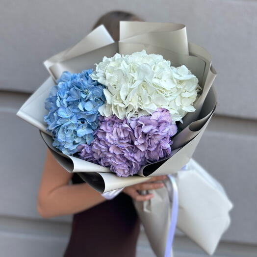 Букет «Три цвета: Синий, белый, фиолетовый» 💙🤍💜 пушистая, крупная гортензия 🫧 в дизайнерской упаковке