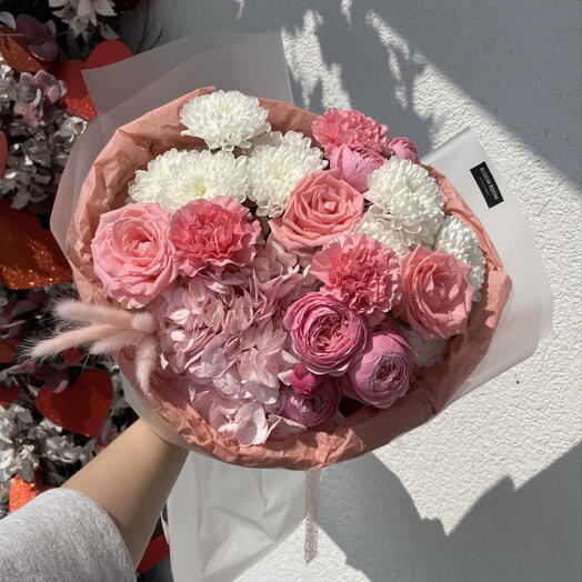 Шикарный розовый букет Bloom room, 🌸😻, роза, хризантема, диантус, гортензия