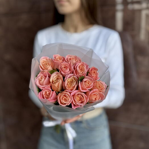 Монобукет персиковых роз 15шт