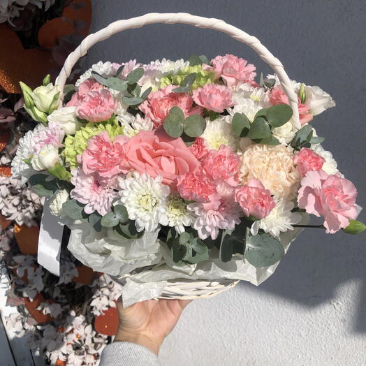 🌸Прекрасная дофаминовая корзина Bloom room, хризантема, Роза, диантус 💚💕💕
