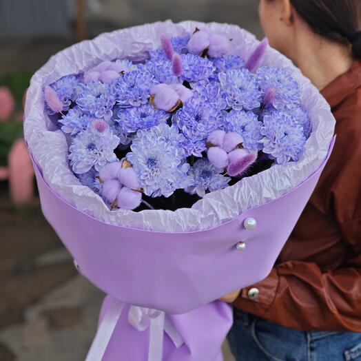 💜Большой букет лавандовых хризантем, букет из фиолетовых хризантем