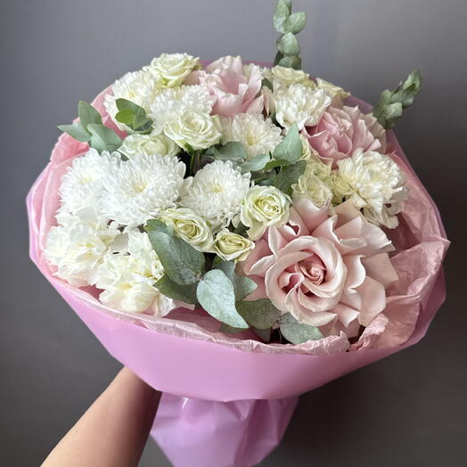 Розовый вальс(4905)розы кустовые,диантусы,хризантема