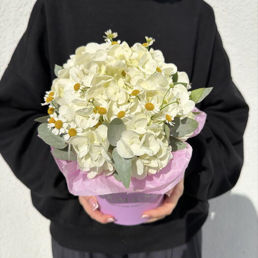 Милая композиция-комплимент гортензия и ромашка Bloom room
