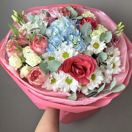 Малиновой закат( 9101) гортензия,розы,альстромерии