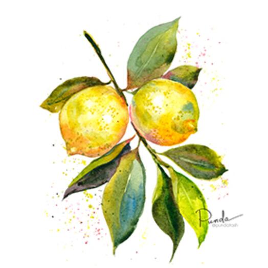 Limones en una rama, póster de arte del autor con acuarela, 21x30 cm