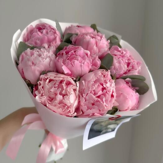 Bouquet of peonies and eucalyptus