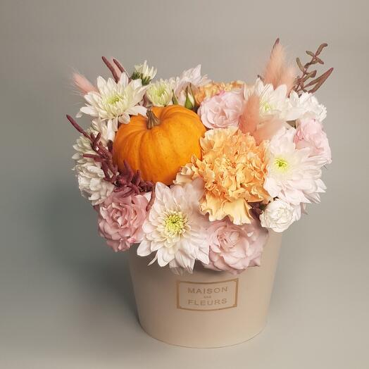 Flowers in a box. Pumpkin Latte marshmallow with pumpkin and orange dianthus