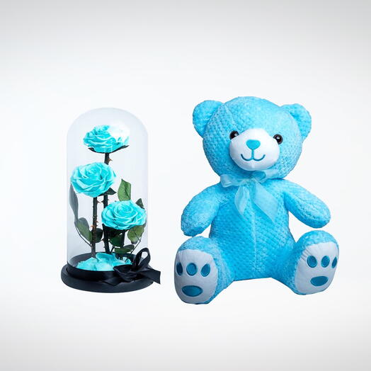 Blue Teddy Bear And Infinity Roses