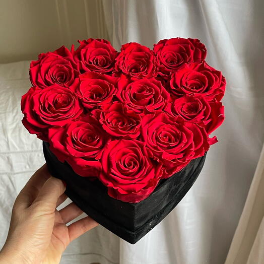 Eternal red roses in heart box 13 flowers