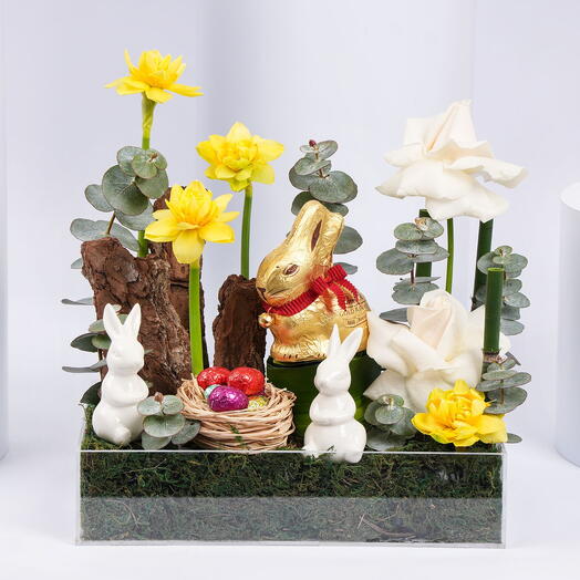 Easter Bunny With Chocolates And Flowers