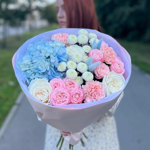 Bouquet with hydrangea, chrysanthemum, peony rose and dried flowers