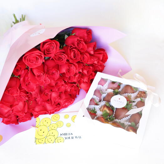 45 roses and Belgian chocolate strawberries
