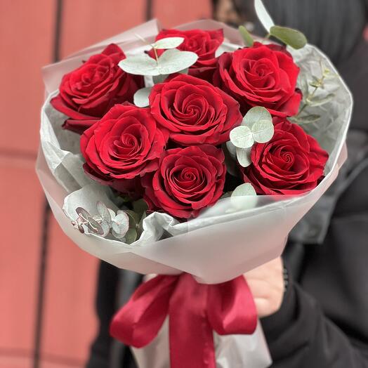 Bouquet of 7 red roses with eucalyptus