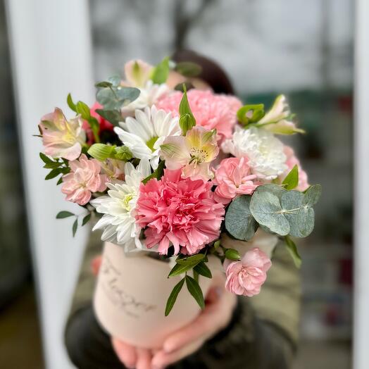 Flowers in a box "My beloved" (shrub chrysanthemum, dianthus, alstroemeria, eucalyptus)