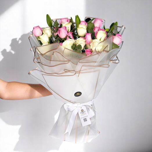 Get Well Soon Bouquet – Pink White Roses with White Lilies and Eucalyptus