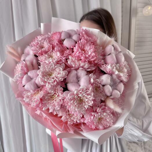 АВТОРСКИЙ БУКЕТ: РОЗОВАЯ ХРИЗАНТЕМА, НАТУРАЛЬНЫЙ ХЛОПОК И ЛАГУРУС🌸🌸🌸