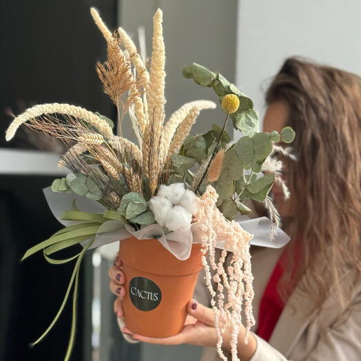 Интерьерная Композиция с сухоцветами и хлопком  в кашпо