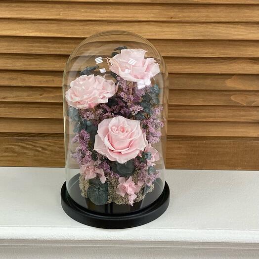 Композиция со стабилизированными цветами /Розы в колбе / клош