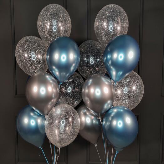 Composition of blue and silver balls chrome and transparent balls with sequins